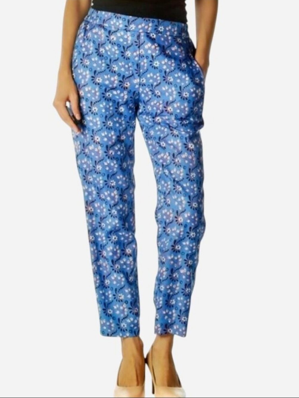 J. Crew Blue Scarf Print Floral Silky Ankle Pants, Size 10